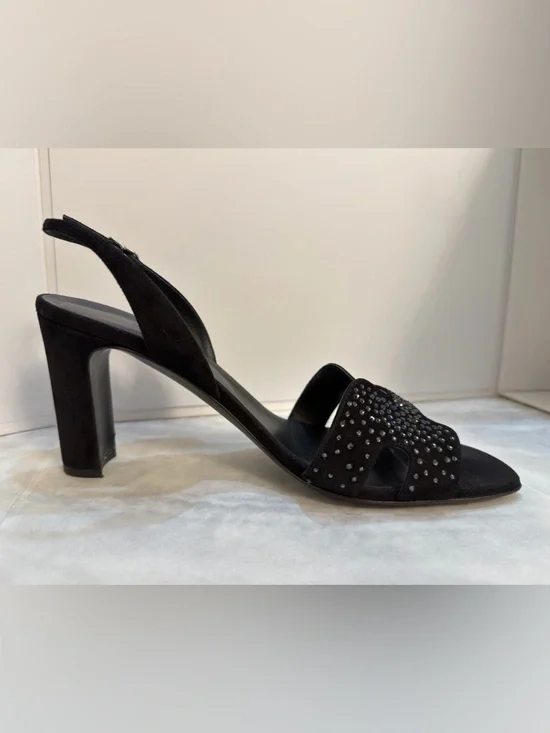 Hermes Black Suede Crystal Embellished Slingback H Sandals Size 39,9 (US 9,5) - Picture 5 of 17